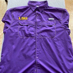 LSU Columbia PFG Omni Shade Shirt Size LARGE Casual Short Sleeve Fishing Purple